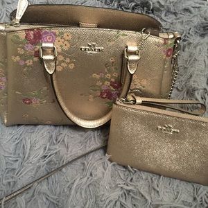Coach purse and matching wallet gold with floral pattern design
